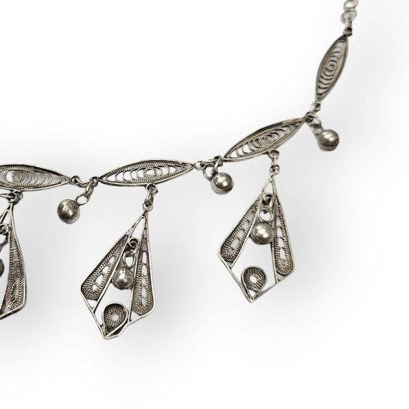 VINTAGE Sterling Filigree Necklace Chain Turkish Style Leaves Flowers 925 Silver - Picture 4 of 11